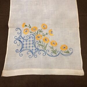 Vintage Table Runner Embroidery Daisy 42"x16" Orange Blue Norway Danish
